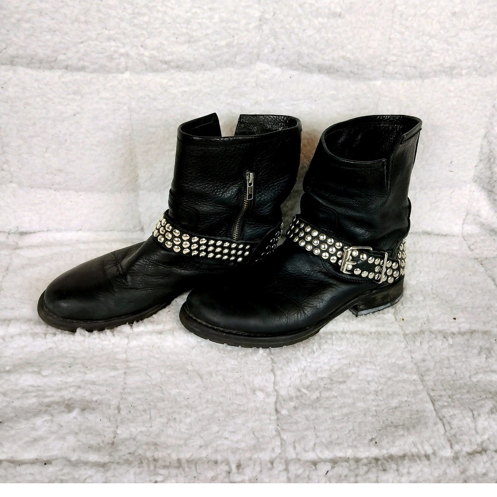 Steve Madden Studded Leather Moto Harness Boots Black Silver Hardware Edgy Biker